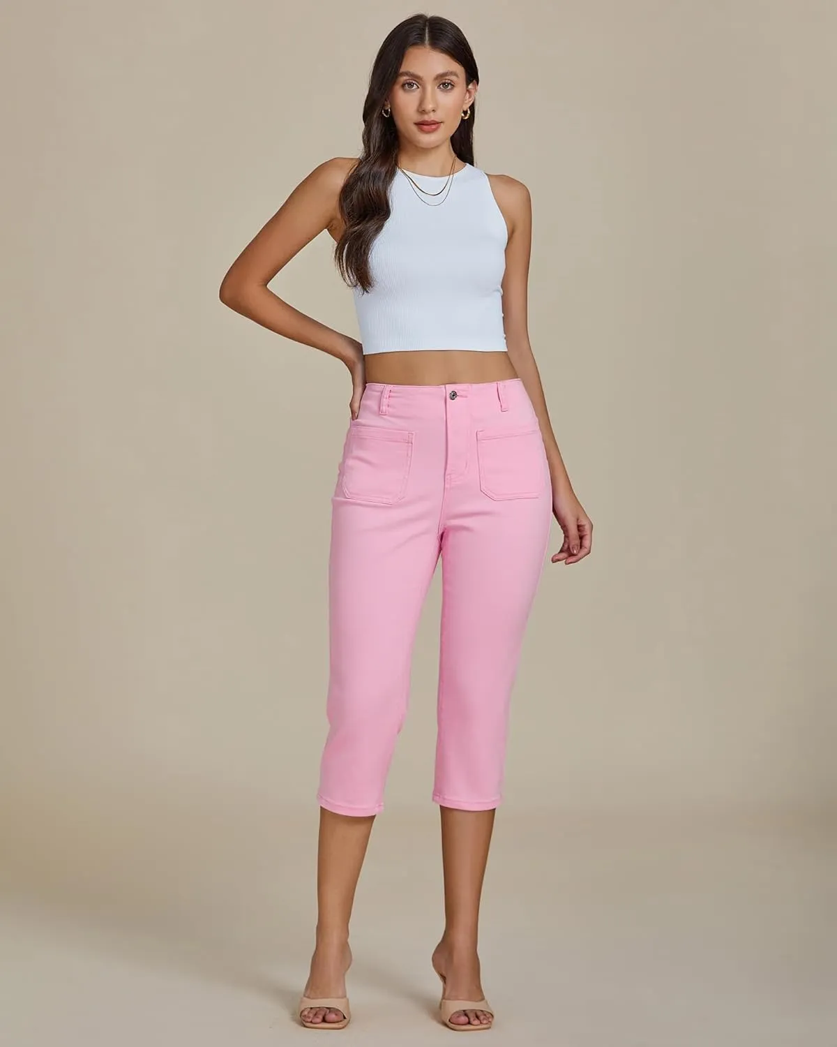 luvamia Capris Jeans for Women Trendy High Waisted Patch Pocket Casual Summer Cropped Stretchy Denim Skinny Capri Pants