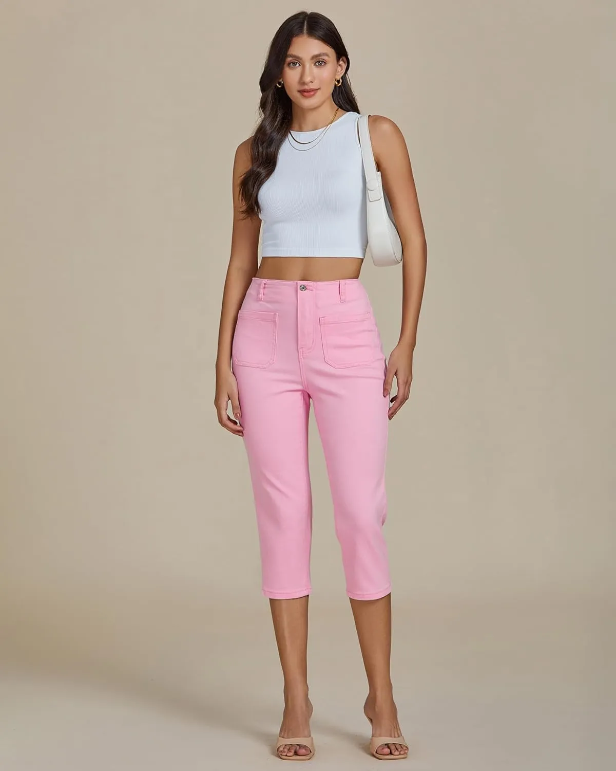 luvamia Capris Jeans for Women Trendy High Waisted Patch Pocket Casual Summer Cropped Stretchy Denim Skinny Capri Pants