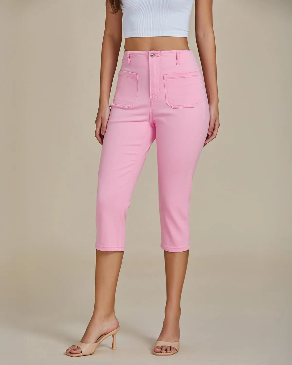 luvamia Capris Jeans for Women Trendy High Waisted Patch Pocket Casual Summer Cropped Stretchy Denim Skinny Capri Pants