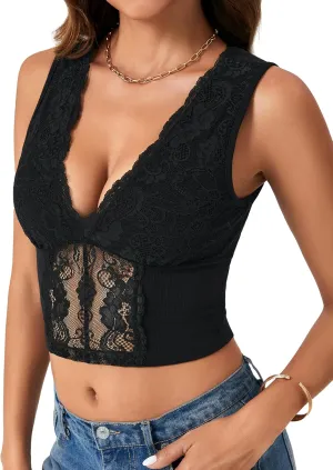 LYANER Women's Floral Lace Deep V Neck Sleeveless Slim Fit Sheer Sexy Crop Tank Top
