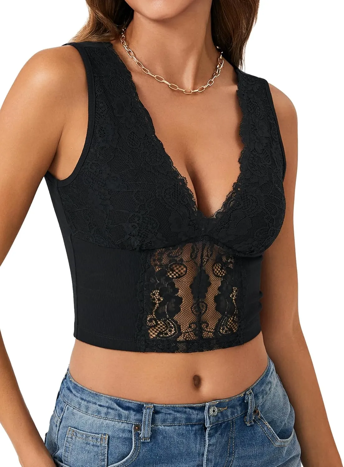 LYANER Women's Floral Lace Deep V Neck Sleeveless Slim Fit Sheer Sexy Crop Tank Top