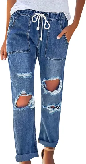 Maiyifu-GJ Women Pull On Distressed Denim Joggers Drawstring Elastic Waist Ripped Stretch Jeans Hole High Waist Stretch Pants