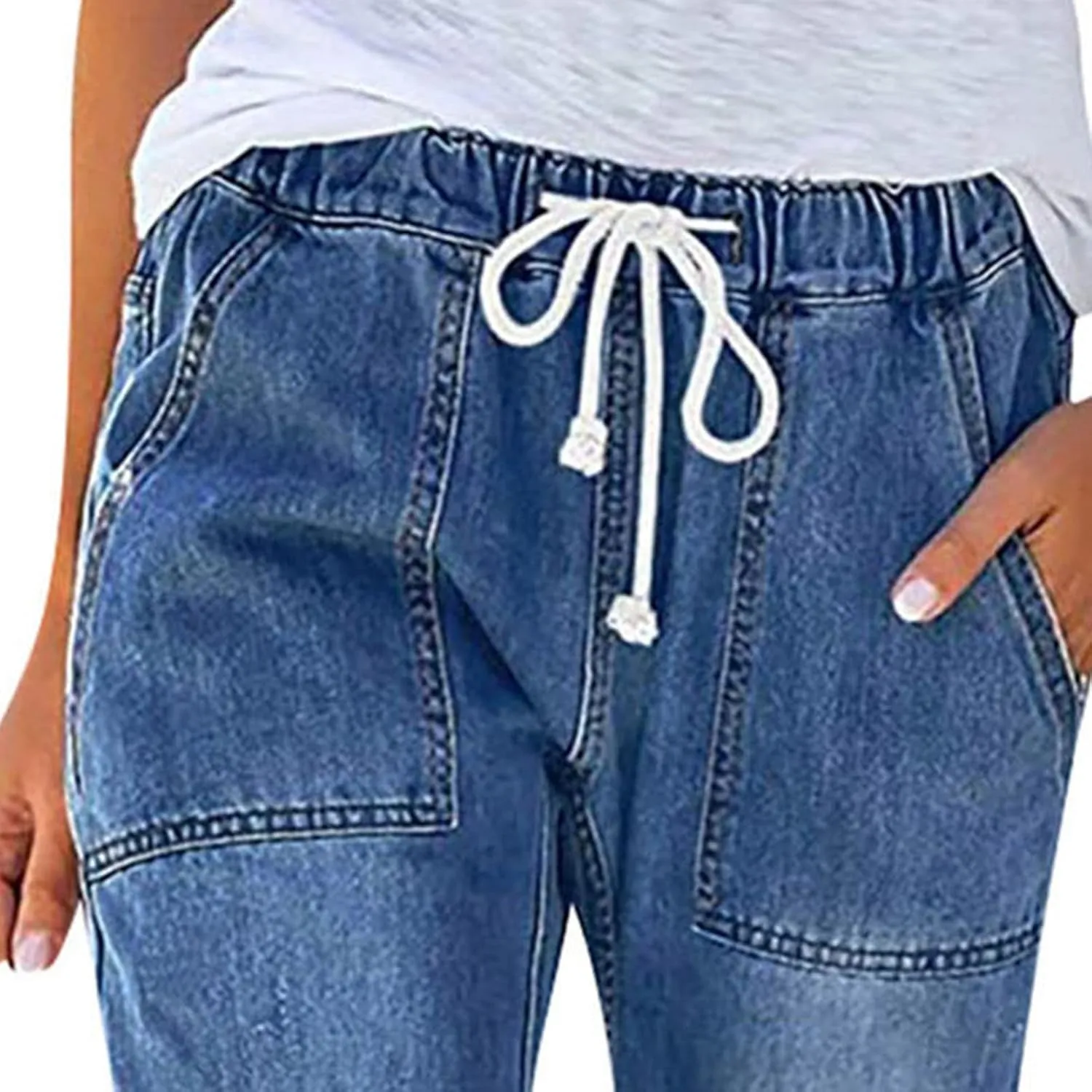 Maiyifu-GJ Women Pull On Distressed Denim Joggers Drawstring Elastic Waist Ripped Stretch Jeans Hole High Waist Stretch Pants