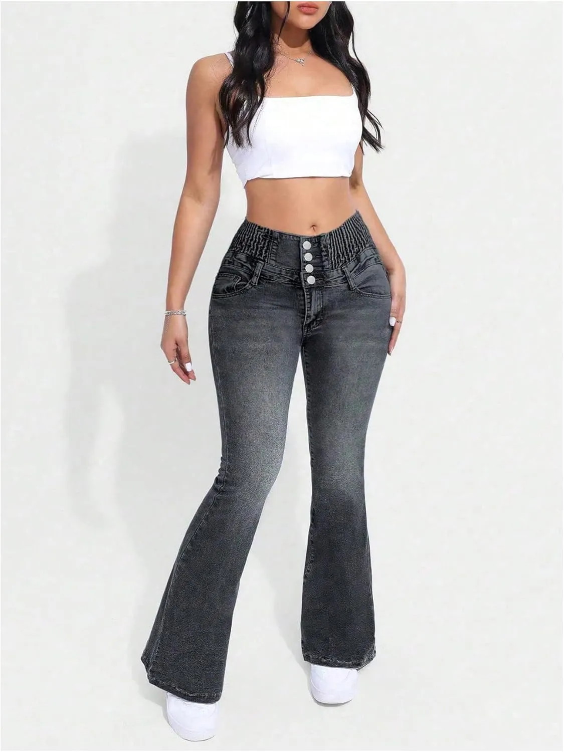 MakeMeChic Women's High Waisted Flare Jeans Y2K Denim Pants Bell Bottom Shirred Skinny Trousers with Pocket
