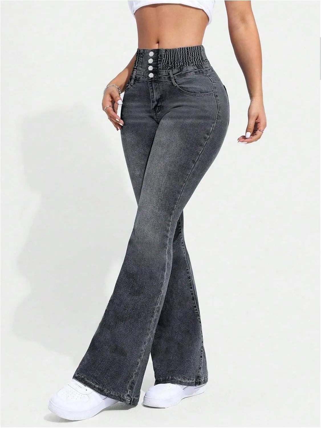 MakeMeChic Women's High Waisted Flare Jeans Y2K Denim Pants Bell Bottom Shirred Skinny Trousers with Pocket