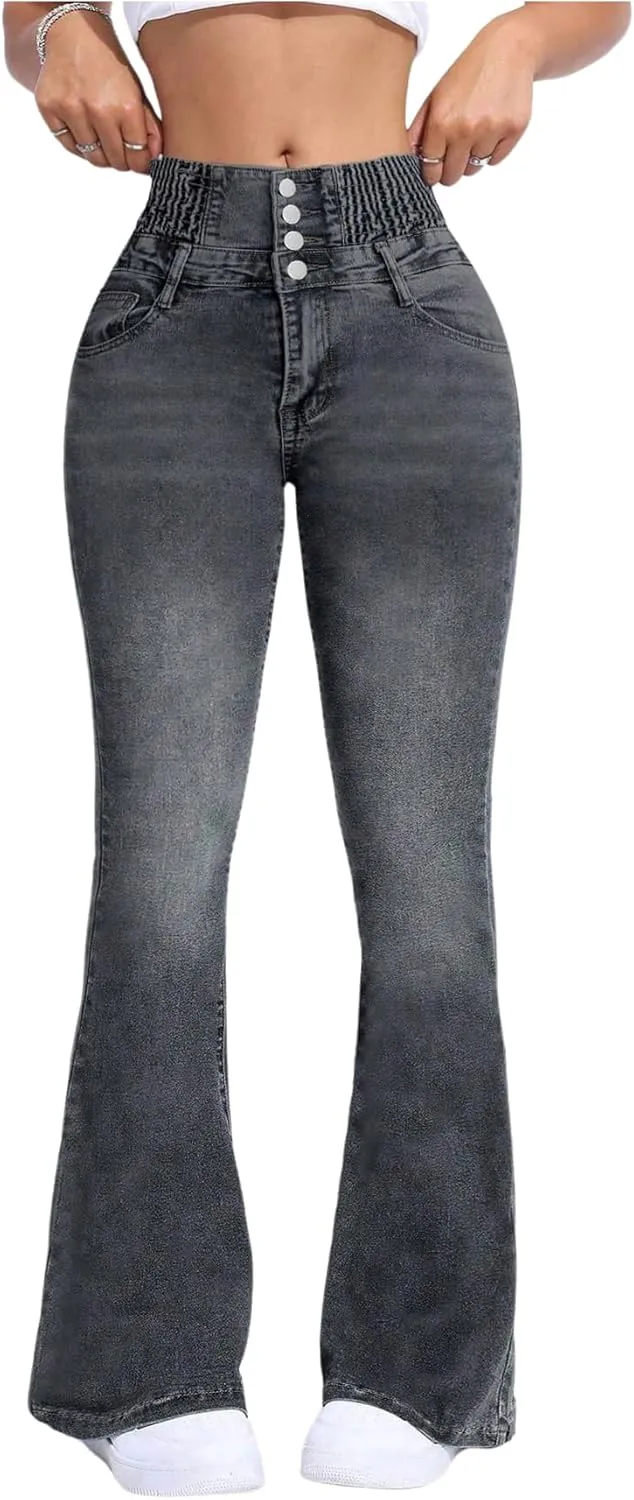 MakeMeChic Women's High Waisted Flare Jeans Y2K Denim Pants Bell Bottom Shirred Skinny Trousers with Pocket