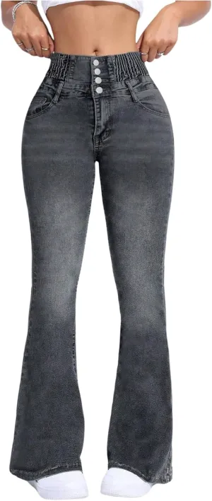 MakeMeChic Women's High Waisted Flare Jeans Y2K Denim Pants Bell Bottom Shirred Skinny Trousers with Pocket