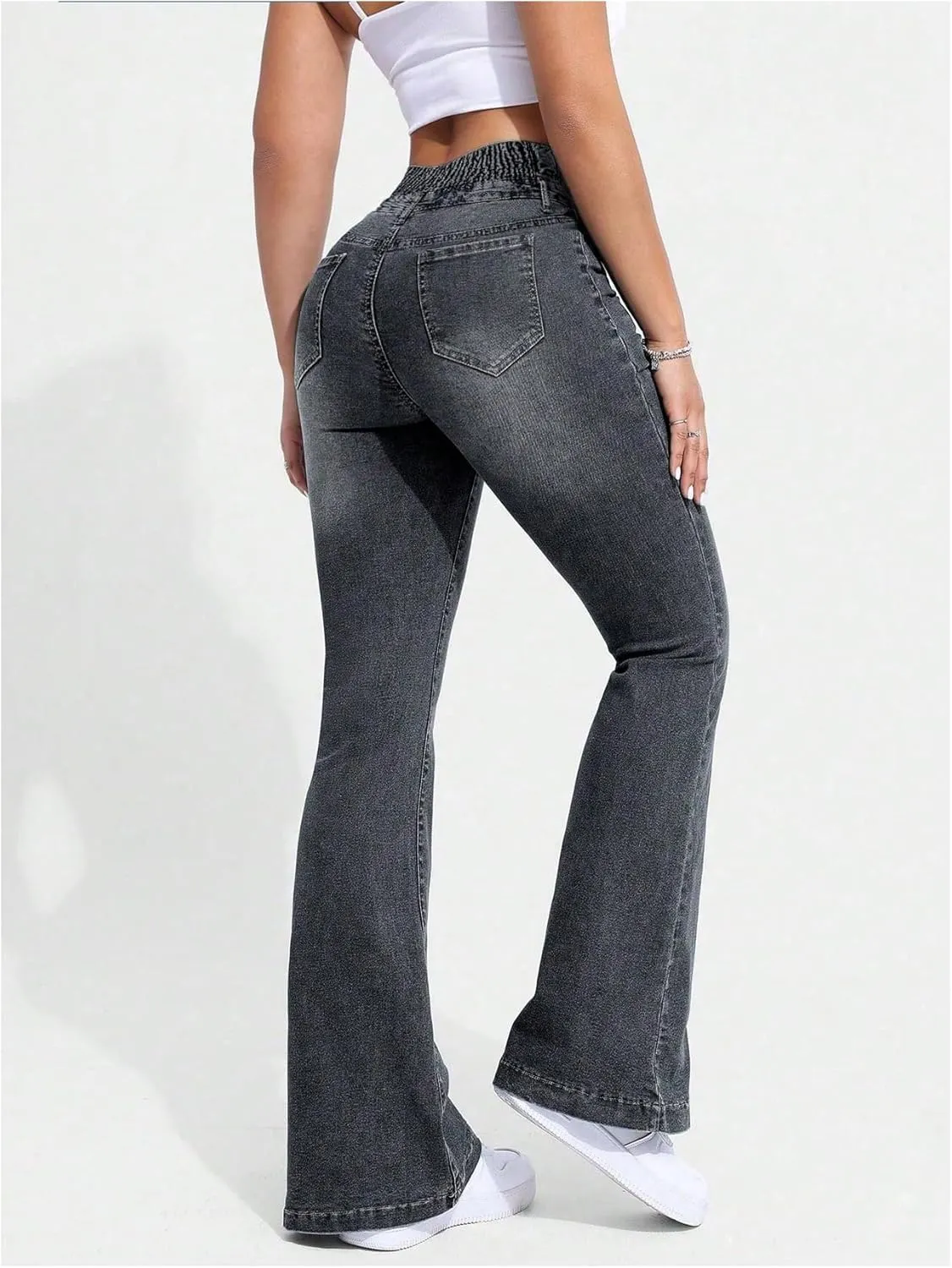 MakeMeChic Women's High Waisted Flare Jeans Y2K Denim Pants Bell Bottom Shirred Skinny Trousers with Pocket