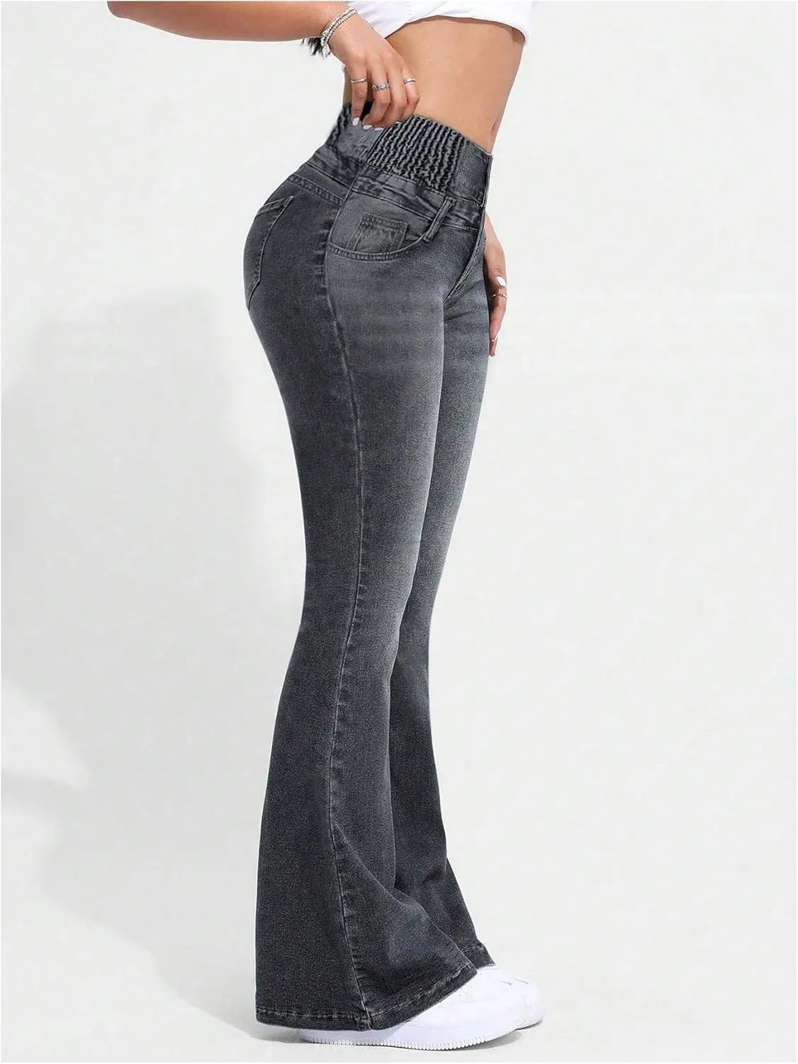 MakeMeChic Women's High Waisted Flare Jeans Y2K Denim Pants Bell Bottom Shirred Skinny Trousers with Pocket