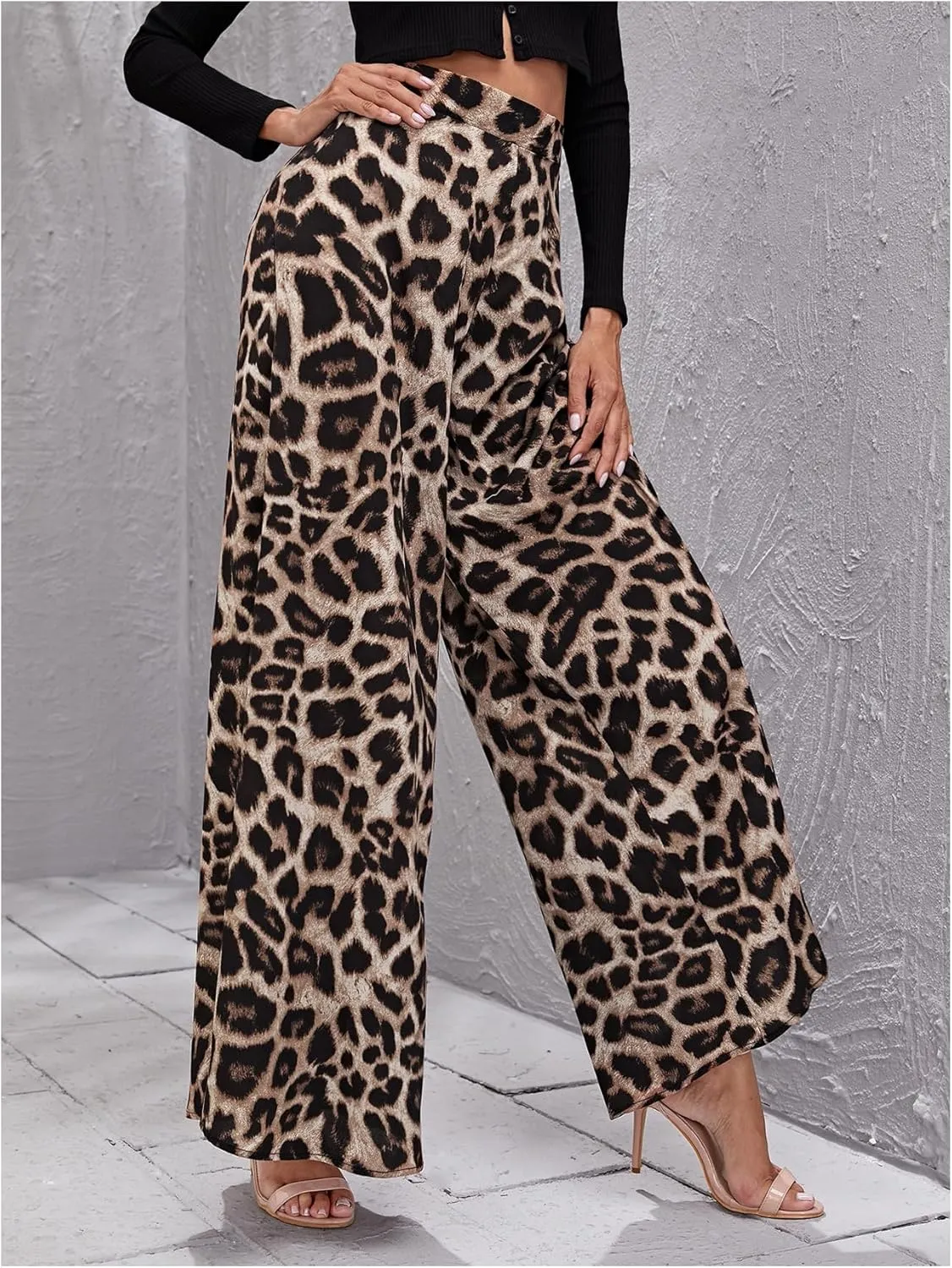 MakeMeChic Women's Leopard Print Wide Leg Palazzo Pants Straight Loose Long Trousers
