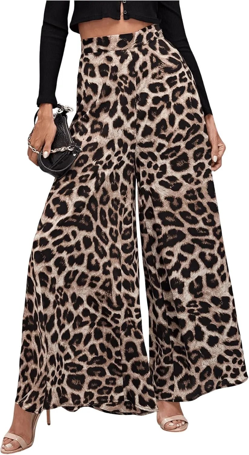 MakeMeChic Women's Leopard Print Wide Leg Palazzo Pants Straight Loose Long Trousers