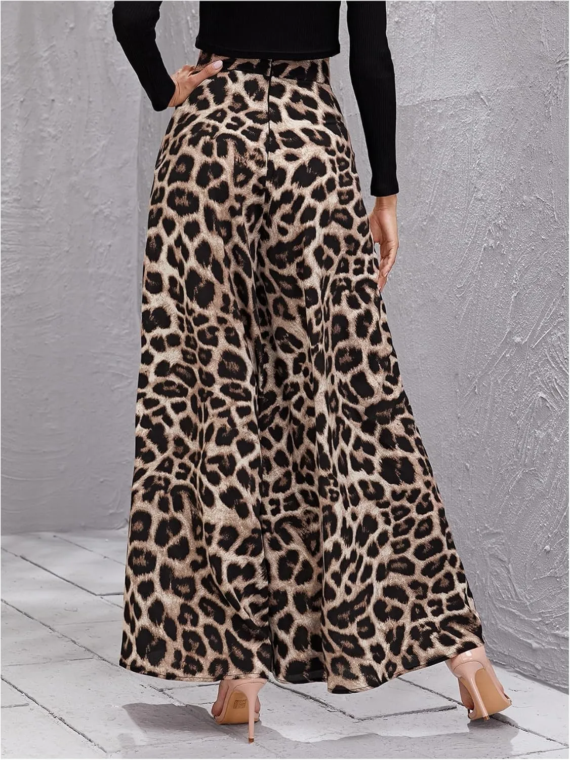 MakeMeChic Women's Leopard Print Wide Leg Palazzo Pants Straight Loose Long Trousers