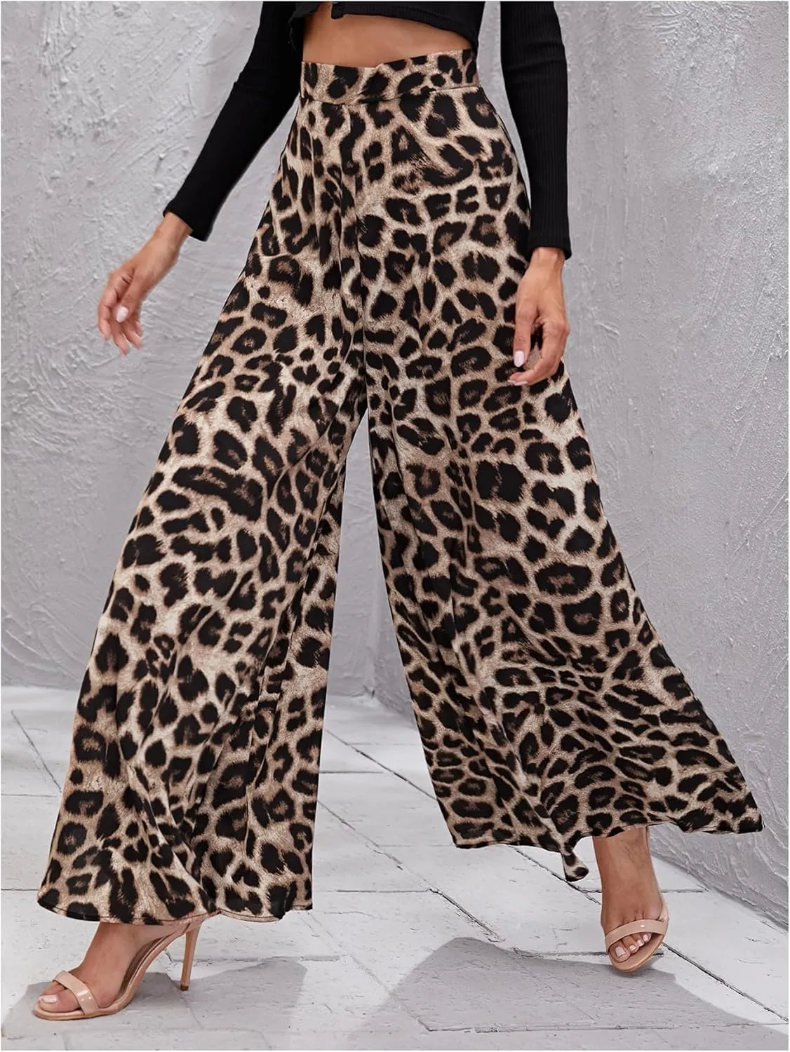 MakeMeChic Women's Leopard Print Wide Leg Palazzo Pants Straight Loose Long Trousers