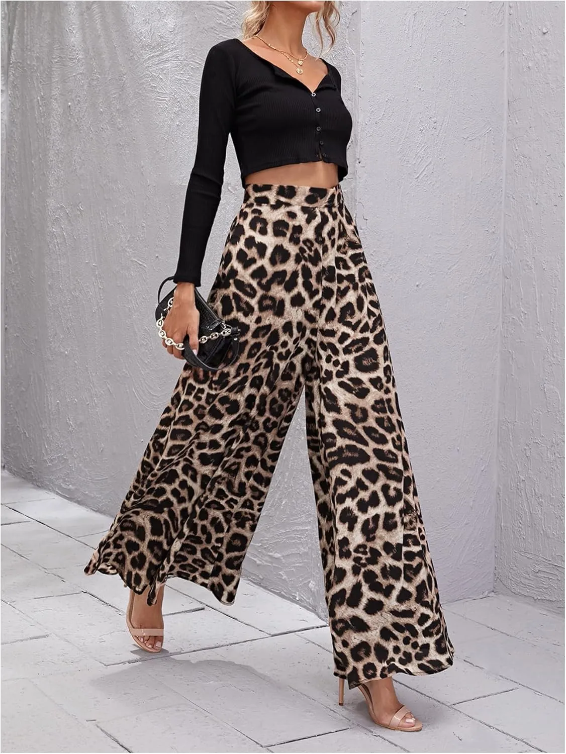 MakeMeChic Women's Leopard Print Wide Leg Palazzo Pants Straight Loose Long Trousers