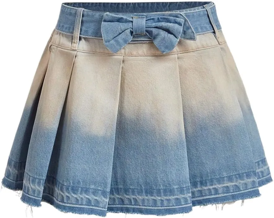 MakeMeChic Women's Pleated Bow Denim Mini Skirt Y2K Ombre Drop Waist A Line Jean Skirts