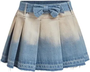 MakeMeChic Women's Pleated Bow Denim Mini Skirt Y2K Ombre Drop Waist A Line Jean Skirts