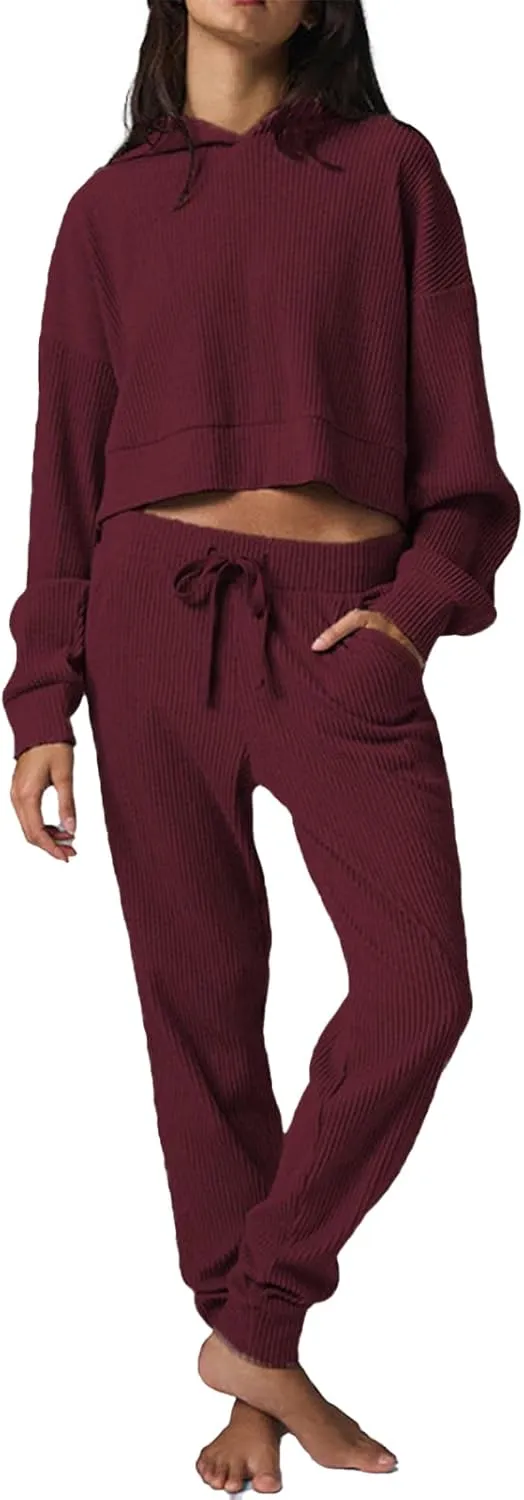 Mandonce Sweat Suits for Women 2 Piece Corduroy Cropped Hooded Sweatshirt Cotton Sweatpants Jogger Sets Athleisure Loungewear