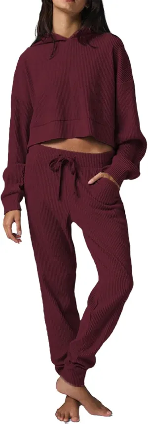 Mandonce Sweat Suits for Women 2 Piece Corduroy Cropped Hooded Sweatshirt Cotton Sweatpants Jogger Sets Athleisure Loungewear