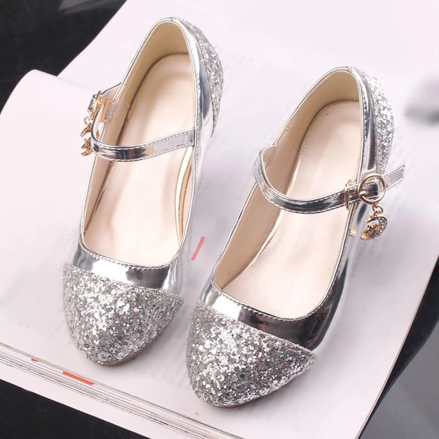 Mary Jane Shoes with Low Heel 𝗥hinestones Princess Flower Girls Wedding Flat𝘀 Dress Shoes for Little Kid/Big Kid