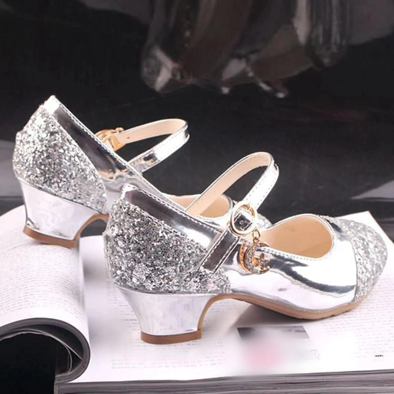 Mary Jane Shoes with Low Heel 𝗥hinestones Princess Flower Girls Wedding Flat𝘀 Dress Shoes for Little Kid/Big Kid