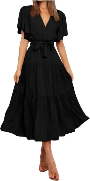 Maxi Dress for Women,2024 Summer Elegant V Neck Short Sleeve Beach Dress, Trendy Flowy Tiered A-Line Boho Dress