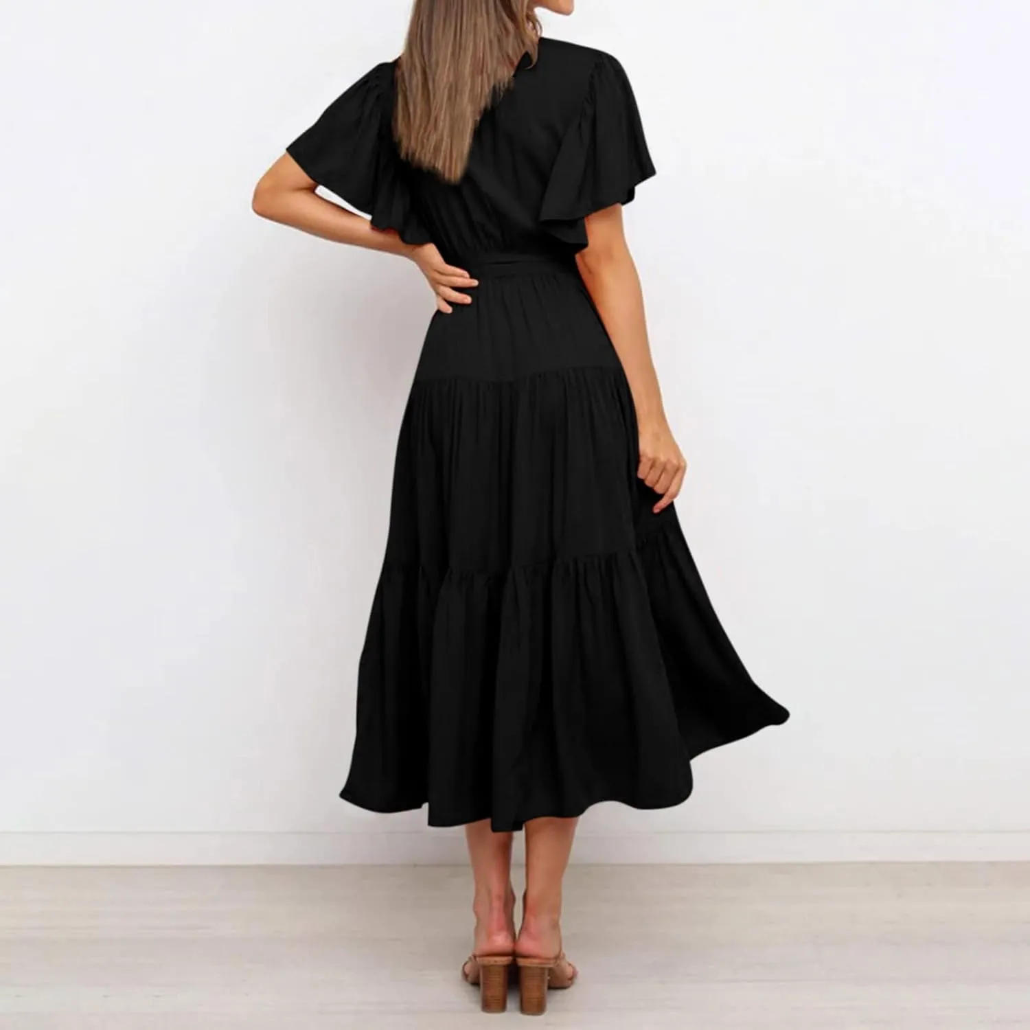 Maxi Dress for Women,2024 Summer Elegant V Neck Short Sleeve Beach Dress, Trendy Flowy Tiered A-Line Boho Dress