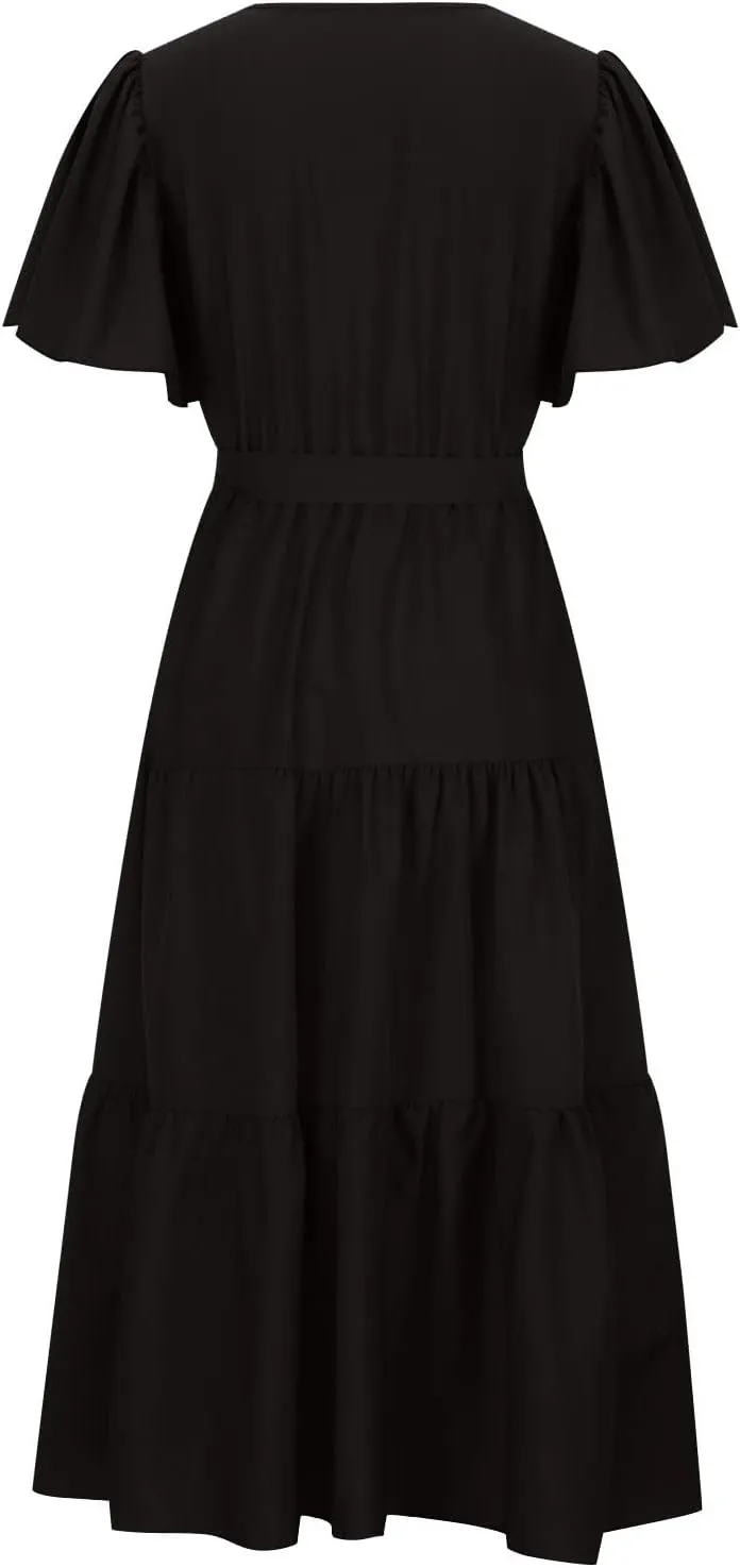 Maxi Dress for Women,2024 Summer Elegant V Neck Short Sleeve Beach Dress, Trendy Flowy Tiered A-Line Boho Dress