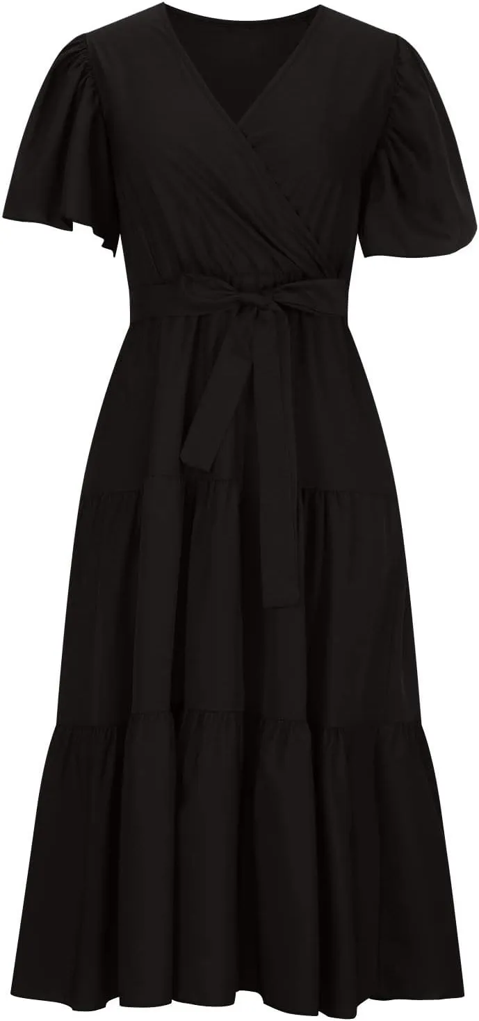 Maxi Dress for Women,2024 Summer Elegant V Neck Short Sleeve Beach Dress, Trendy Flowy Tiered A-Line Boho Dress