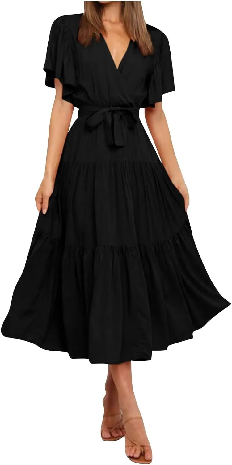 Maxi Dress for Women,2024 Summer Elegant V Neck Short Sleeve Beach Dress, Trendy Flowy Tiered A-Line Boho Dress