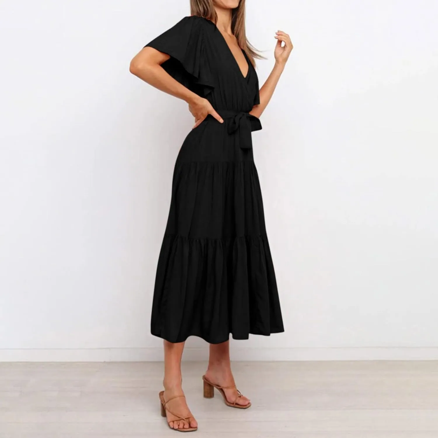 Maxi Dress for Women,2024 Summer Elegant V Neck Short Sleeve Beach Dress, Trendy Flowy Tiered A-Line Boho Dress