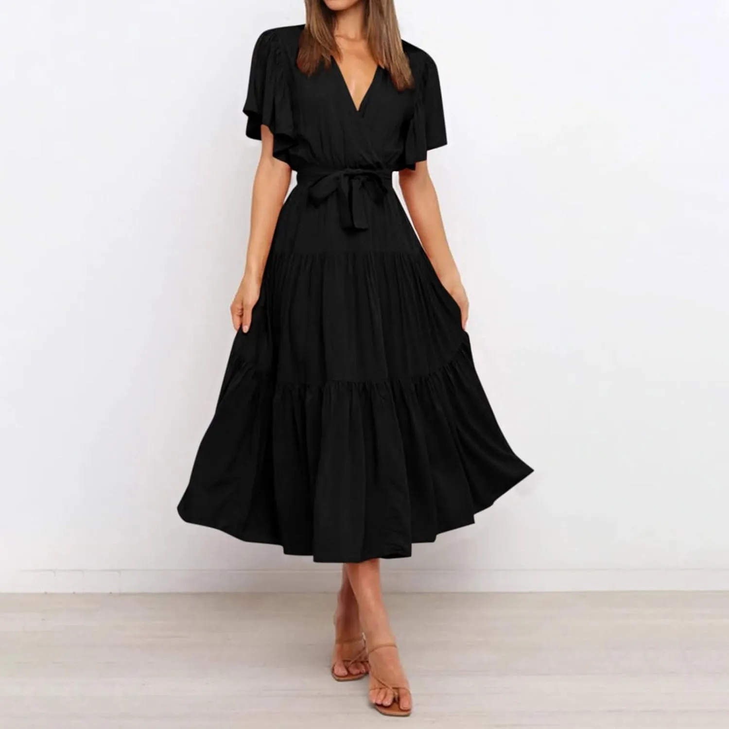 Maxi Dress for Women,2024 Summer Elegant V Neck Short Sleeve Beach Dress, Trendy Flowy Tiered A-Line Boho Dress