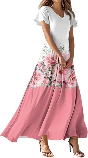 Maxi Dresses for Women,2025 Summer Elegant V Neck Short Sleeve Floral Beach Dress,Flowy Ruched Boho Vacation Dress