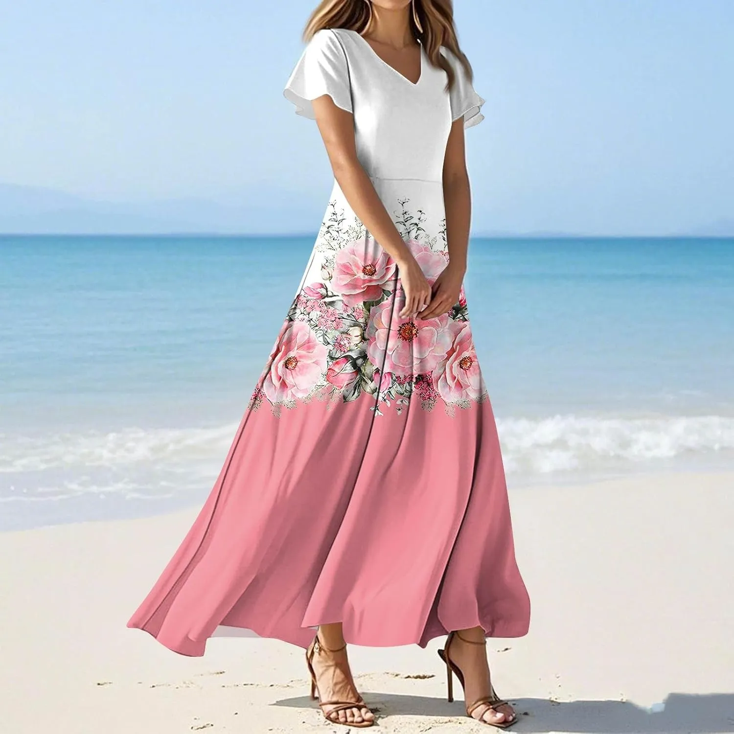 Maxi Dresses for Women,2025 Summer Elegant V Neck Short Sleeve Floral Beach Dress,Flowy Ruched Boho Vacation Dress