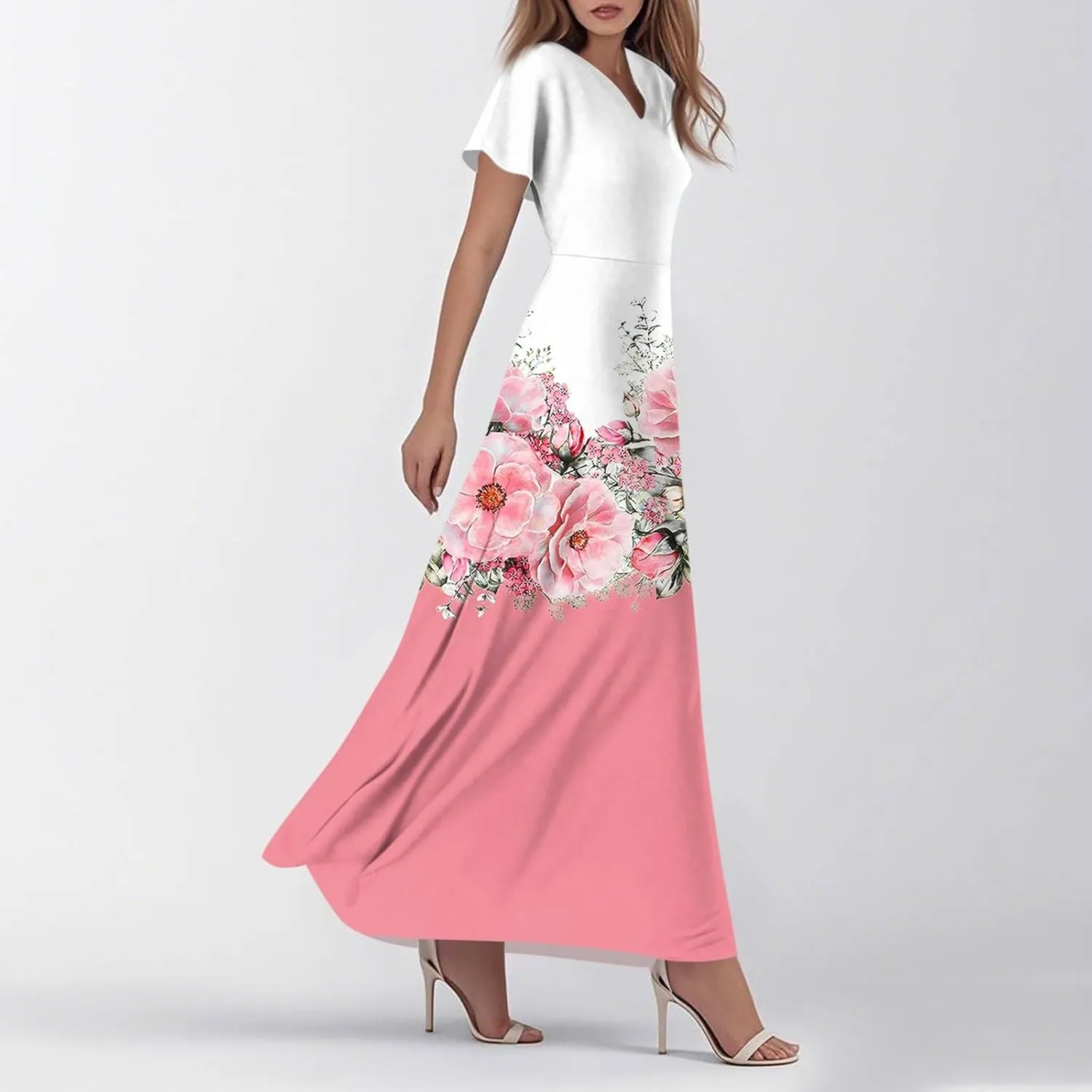 Maxi Dresses for Women,2025 Summer Elegant V Neck Short Sleeve Floral Beach Dress,Flowy Ruched Boho Vacation Dress