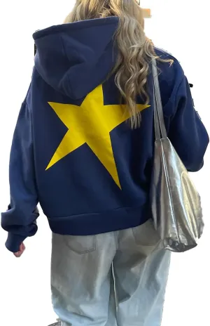 Meiweileya Womens Y2k Oversized Graphic Cute Preppy Hoodies Jacket Star Heart Print Long Sleeve Pocket Sweatshirt