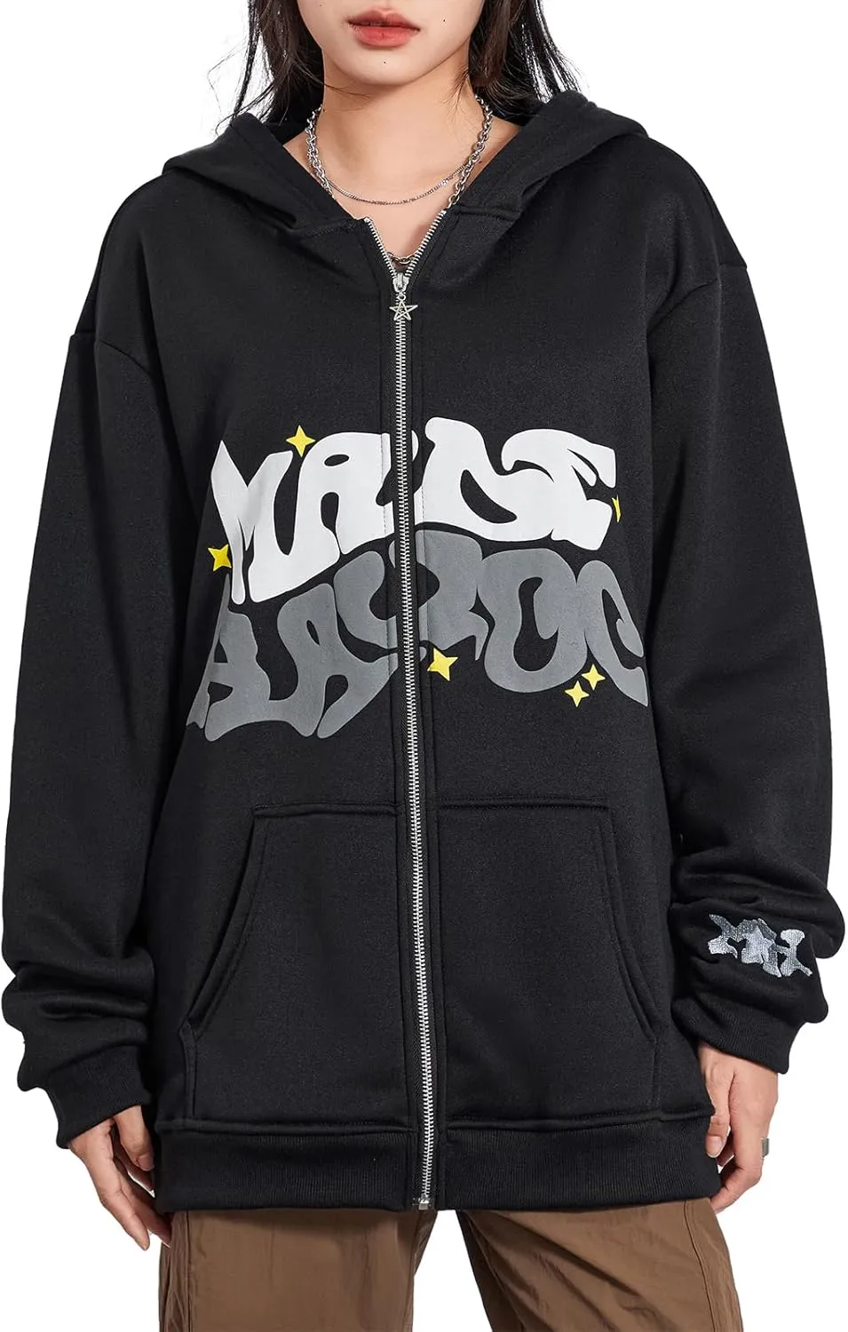Meiweileya Womens Y2k Zip Up Graphic Star Letter Print Hoodie Sweater Oversized Aesthetic Harajuku Jacket