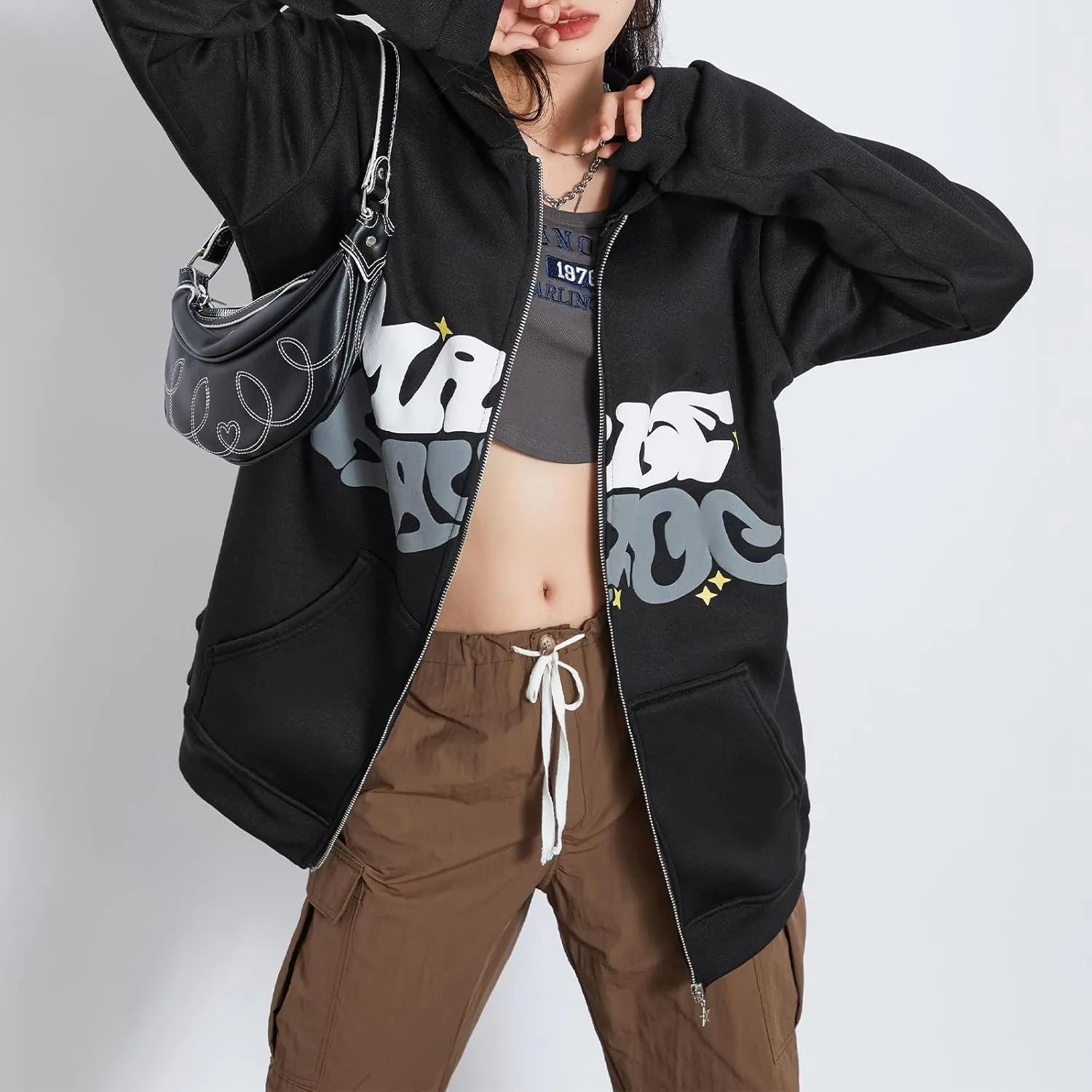 Meiweileya Womens Y2k Zip Up Graphic Star Letter Print Hoodie Sweater Oversized Aesthetic Harajuku Jacket