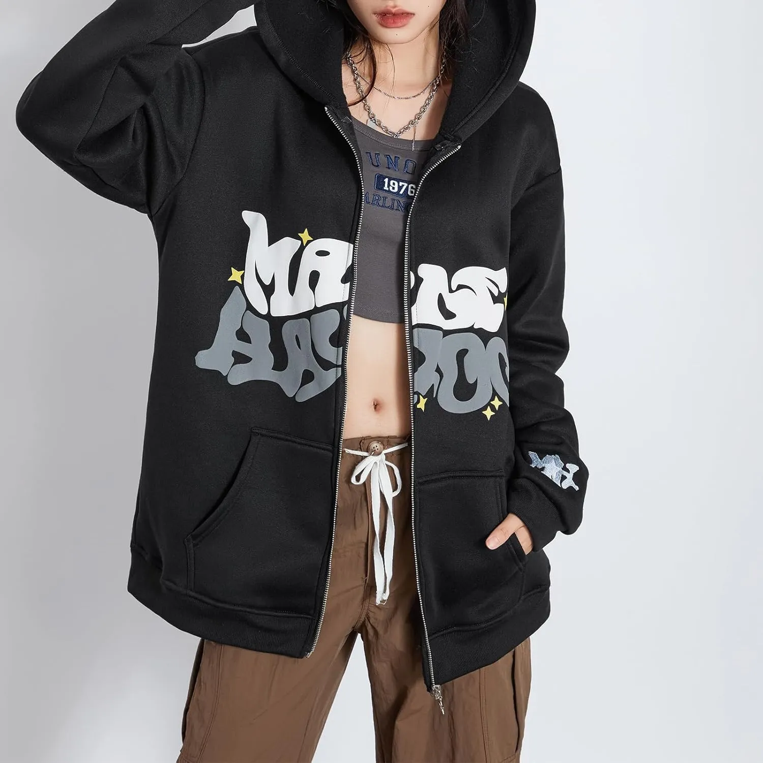 Meiweileya Womens Y2k Zip Up Graphic Star Letter Print Hoodie Sweater Oversized Aesthetic Harajuku Jacket