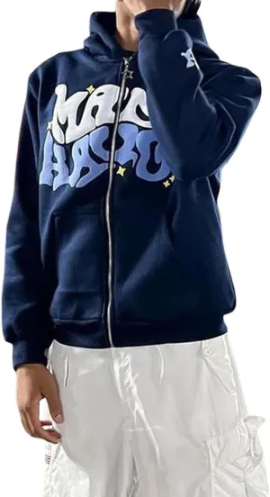 Meiweileya Womens Y2k Zip Up Graphic Star Letter Print Hoodie Sweater Oversized Aesthetic Harajuku Jacket