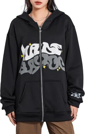 Meiweileya Womens Y2k Zip Up Graphic Star Letter Print Hoodie Sweater Oversized Aesthetic Harajuku Jacket