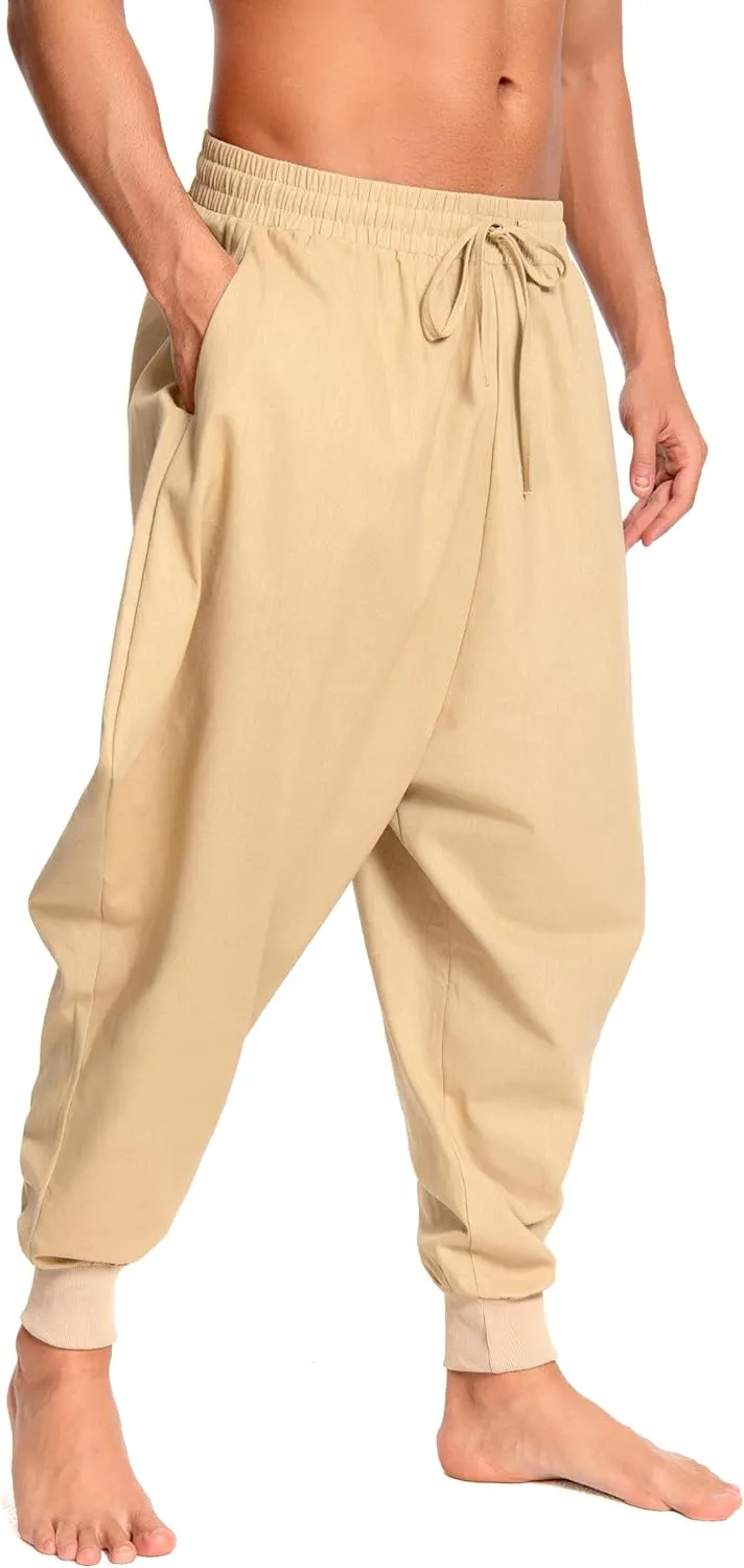 Men's Aladdin Hippie Harem Pants Loose Cotton Linen Drop Crotch Trousers Casual Baggy Elastic Waist Yoga Pants