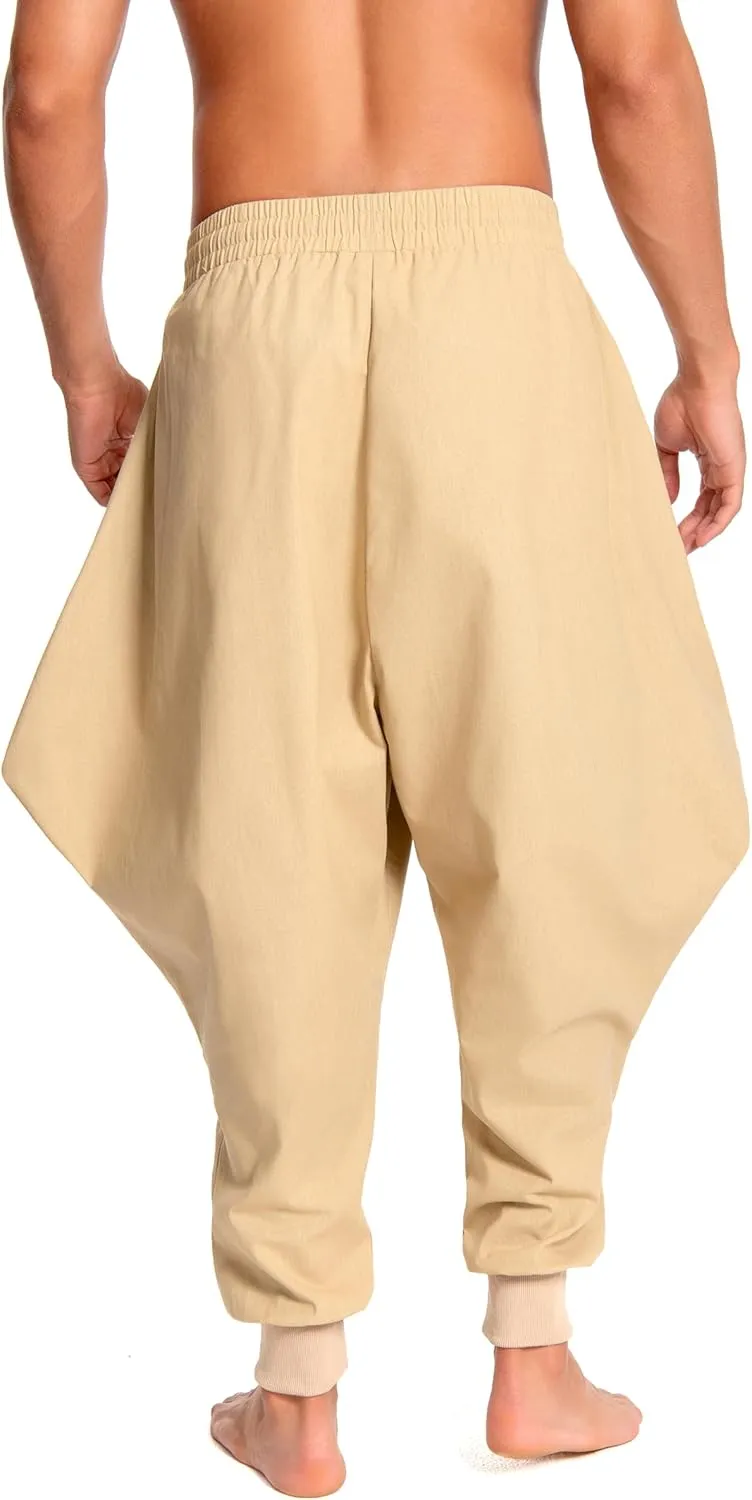 Men's Aladdin Hippie Harem Pants Loose Cotton Linen Drop Crotch Trousers Casual Baggy Elastic Waist Yoga Pants