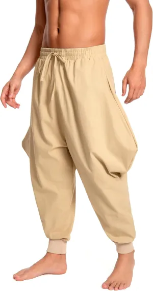 Men's Aladdin Hippie Harem Pants Loose Cotton Linen Drop Crotch Trousers Casual Baggy Elastic Waist Yoga Pants