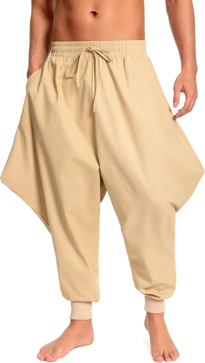 Men's Aladdin Hippie Harem Pants Loose Cotton Linen Drop Crotch Trousers Casual Baggy Elastic Waist Yoga Pants