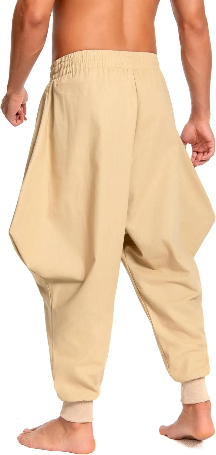 Men's Aladdin Hippie Harem Pants Loose Cotton Linen Drop Crotch Trousers Casual Baggy Elastic Waist Yoga Pants