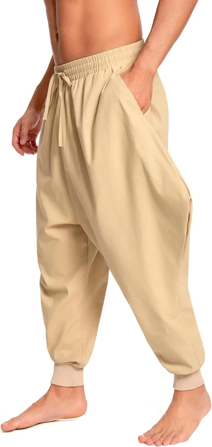 Men's Aladdin Hippie Harem Pants Loose Cotton Linen Drop Crotch Trousers Casual Baggy Elastic Waist Yoga Pants