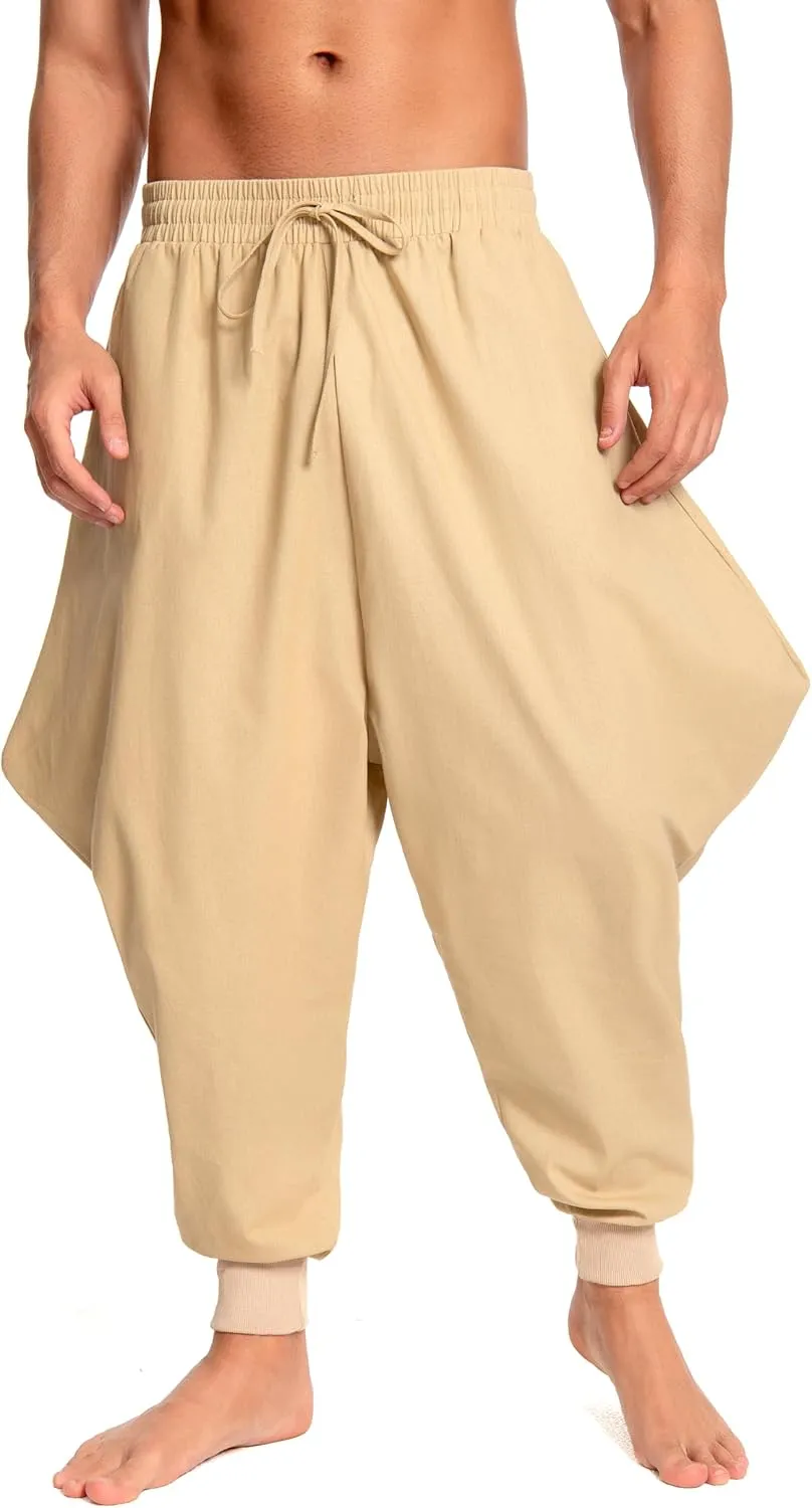 Men's Aladdin Hippie Harem Pants Loose Cotton Linen Drop Crotch Trousers Casual Baggy Elastic Waist Yoga Pants