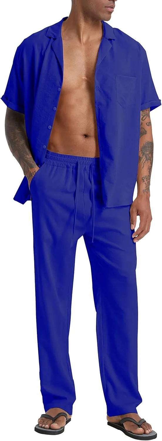 Men's Beach Clothes 2 Piece Outfits Sets Casual Short Sleeve Button Down Shirt Yoga Pants Vacation Suit Summer linen