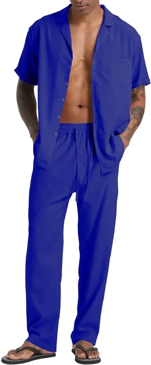Men's Beach Clothes 2 Piece Outfits Sets Casual Short Sleeve Button Down Shirt Yoga Pants Vacation Suit Summer linen