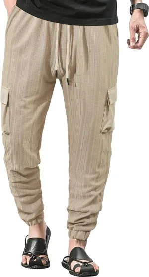 Men's Casual Cargo Jogger Pants with Elastic Waistband and Drawstring Sports Pants with Pockets